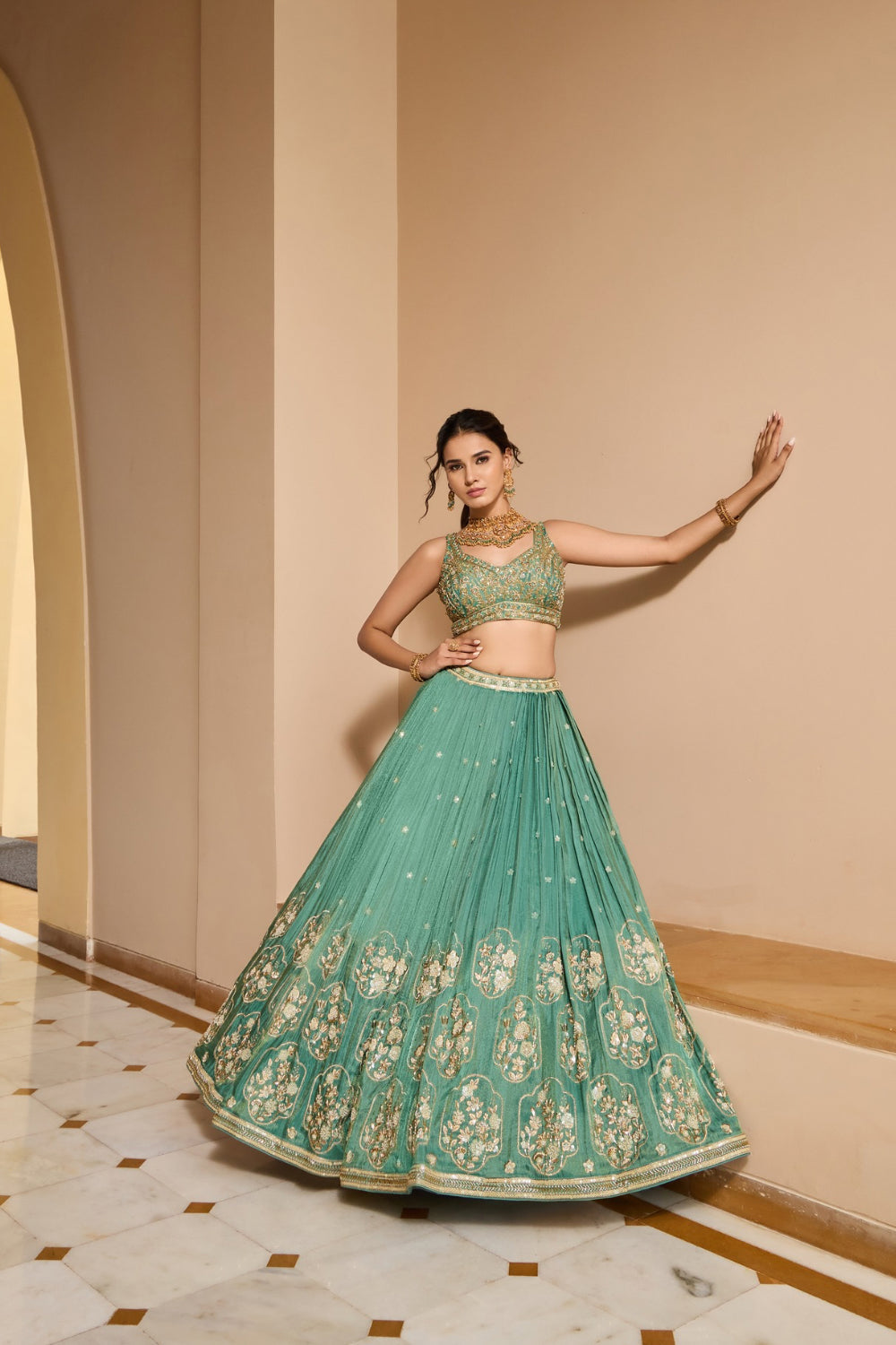 Sea green silk lehenga choli with thread embroidery and sequins work