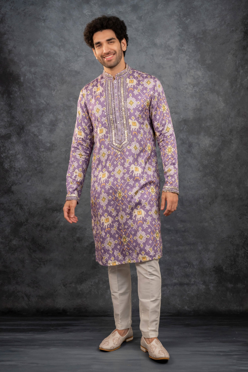 Lilac printed silk kurta set with mirror embroidery