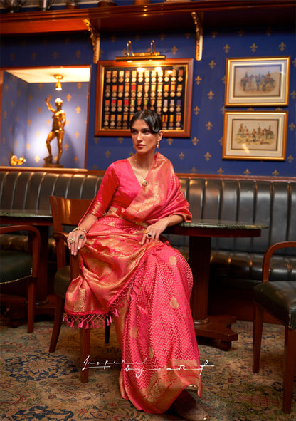 Peach Kazel Satin Silk Woven Saree