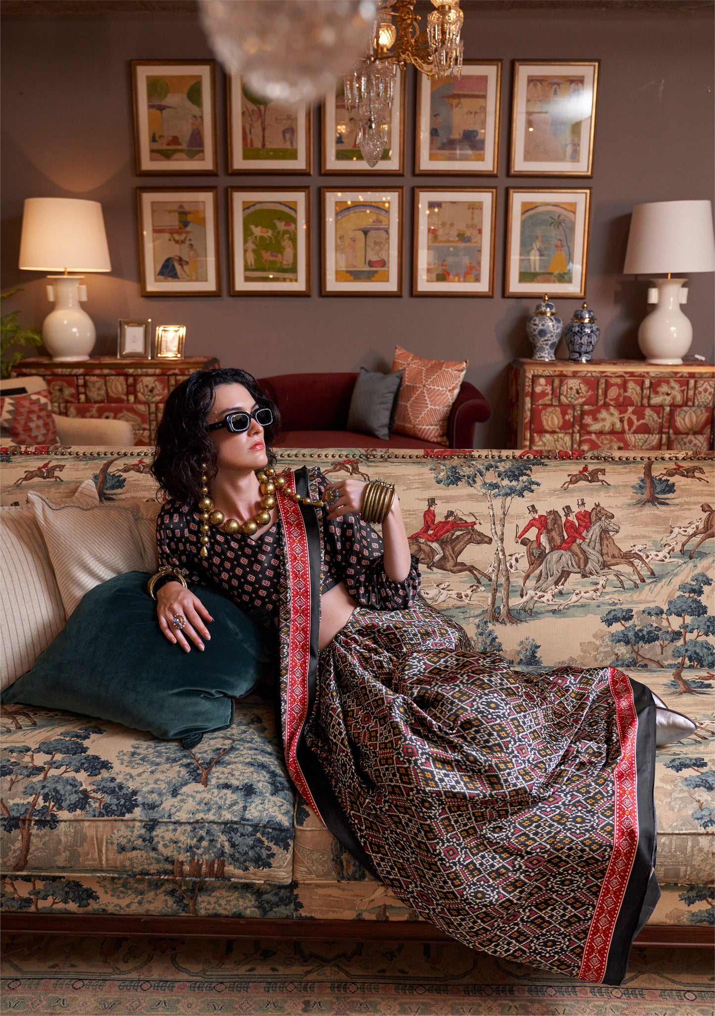 Black Konzai Satin Crape Saree With Digital Patola Prints