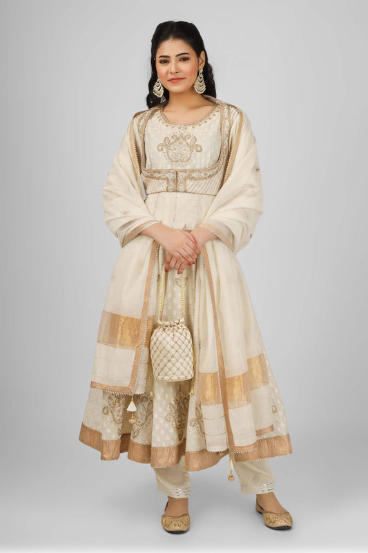 Taj Pure Chanderi Silk Ivory Anarkali with Dori Work