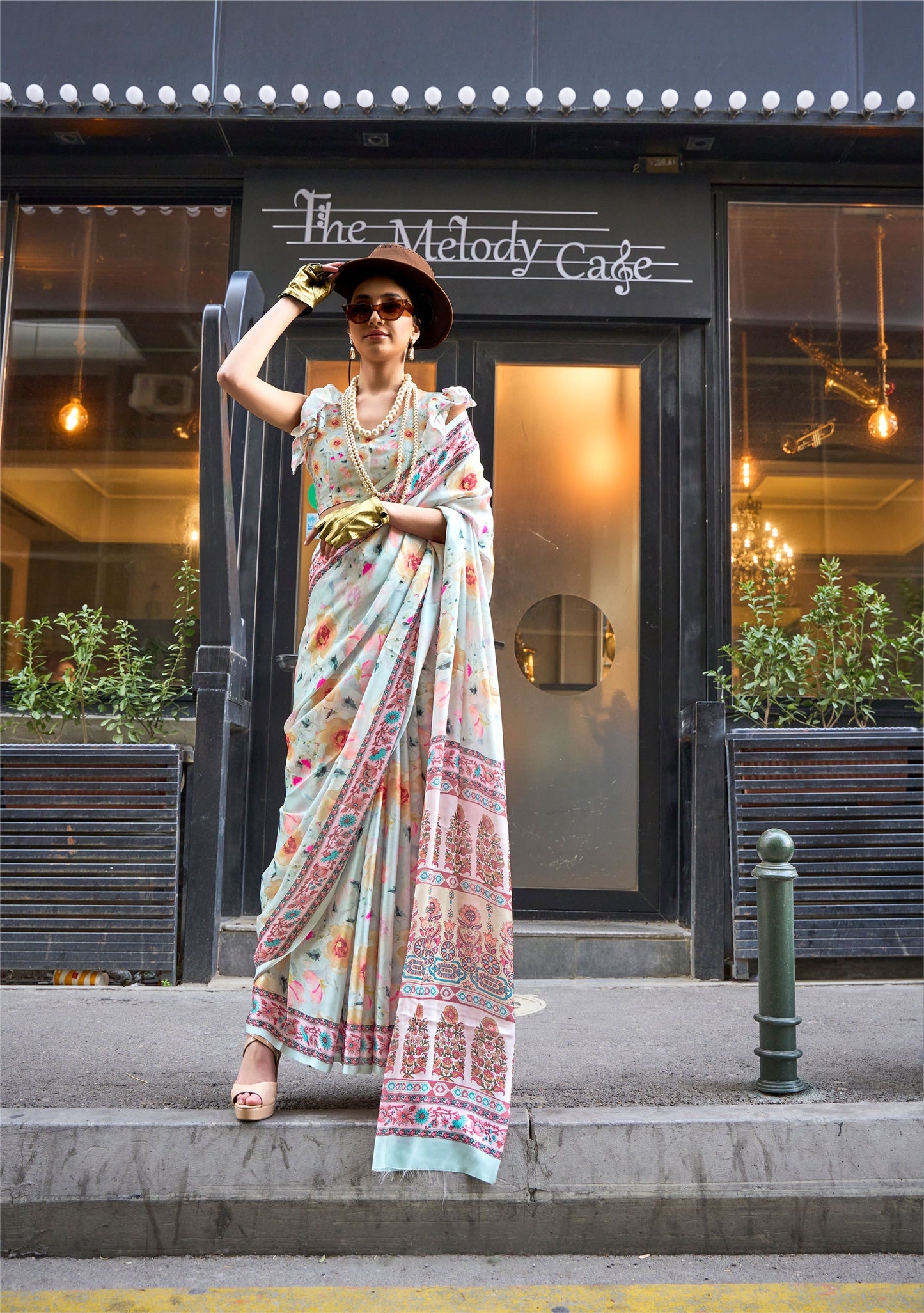 Light Green Kolombus Satin Georgette Printed Saree