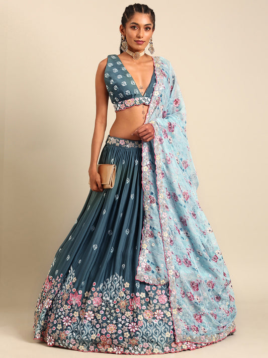 Teal Blue Chinon Sequins embroidery Lehenga