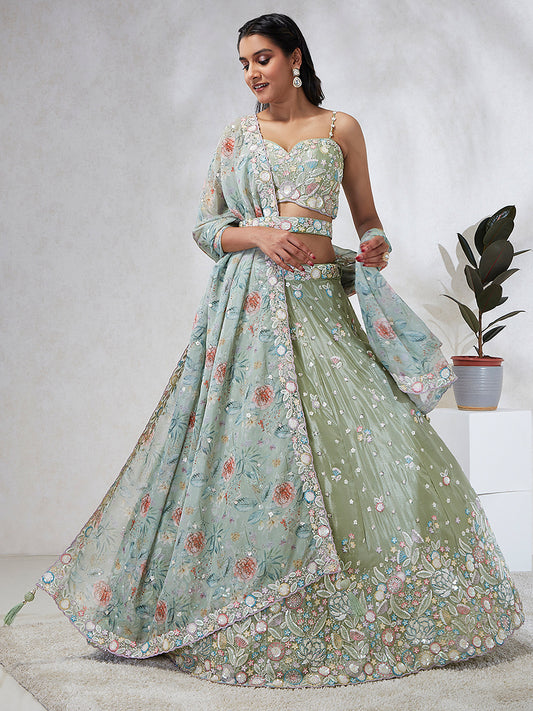 Lime green Chiffon Sequins and thread embroidery Lehenga