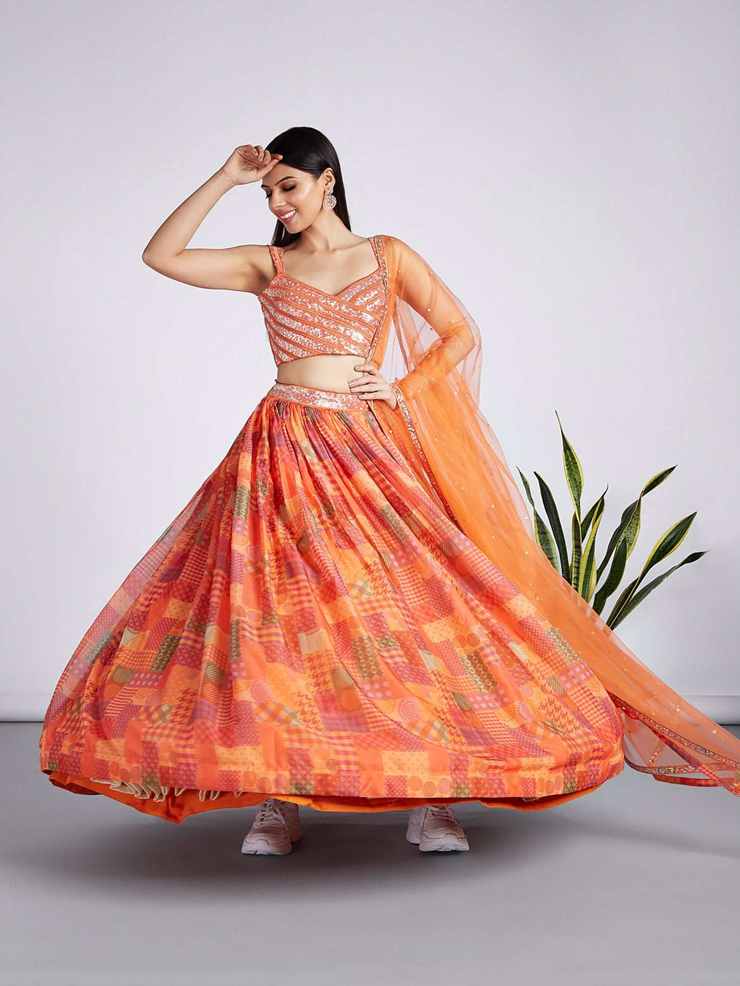 Orange colour Organza Treditional design digital print Lehenga