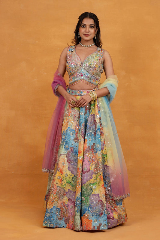Multicolour printed silk lehenga choli with mirror, foil, sequins and bead work