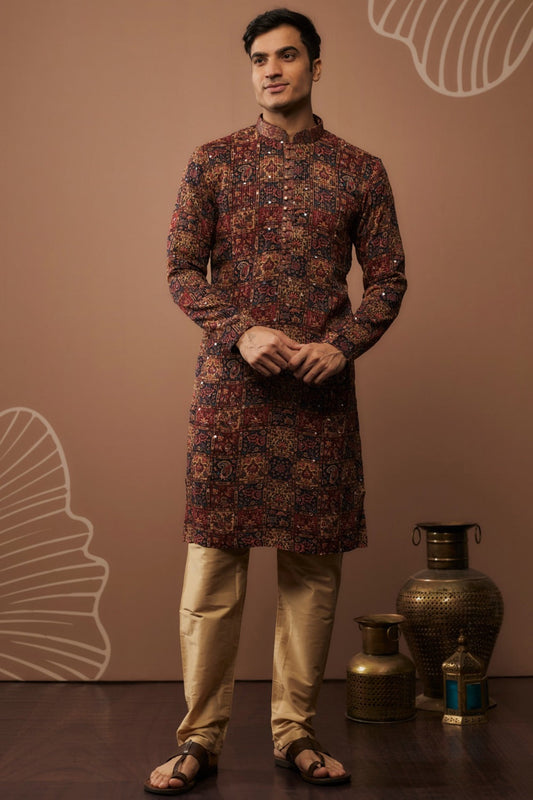 Brown silk kurta set with hand and machine work
