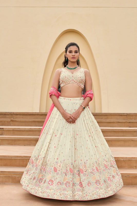 Off-white silk lehenga choli with sequins and hand cut dana work