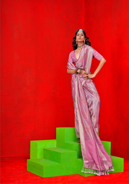 Pink Kontigo Pure Viscose Zari Tissue Saree