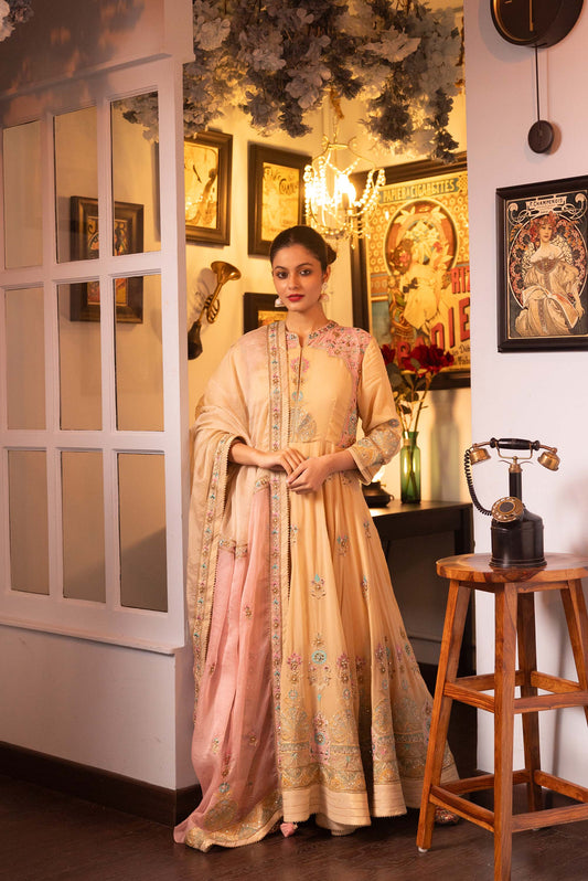 Pietra Dura Beige Georgette Machine Embroidered Anarkali