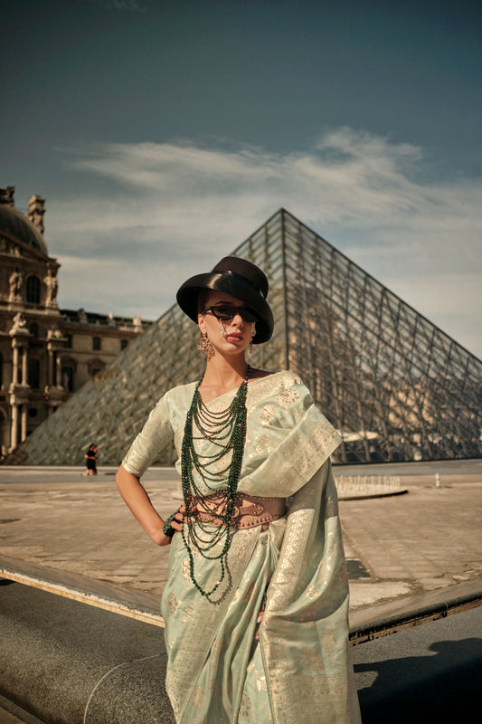 Light Green Kaasha Silk Gota Handloom Saree