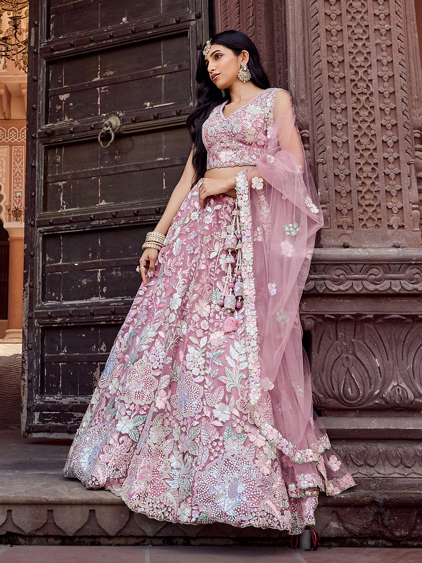 Pink Net Sequins embroidery Lehenga Choli for Engagement