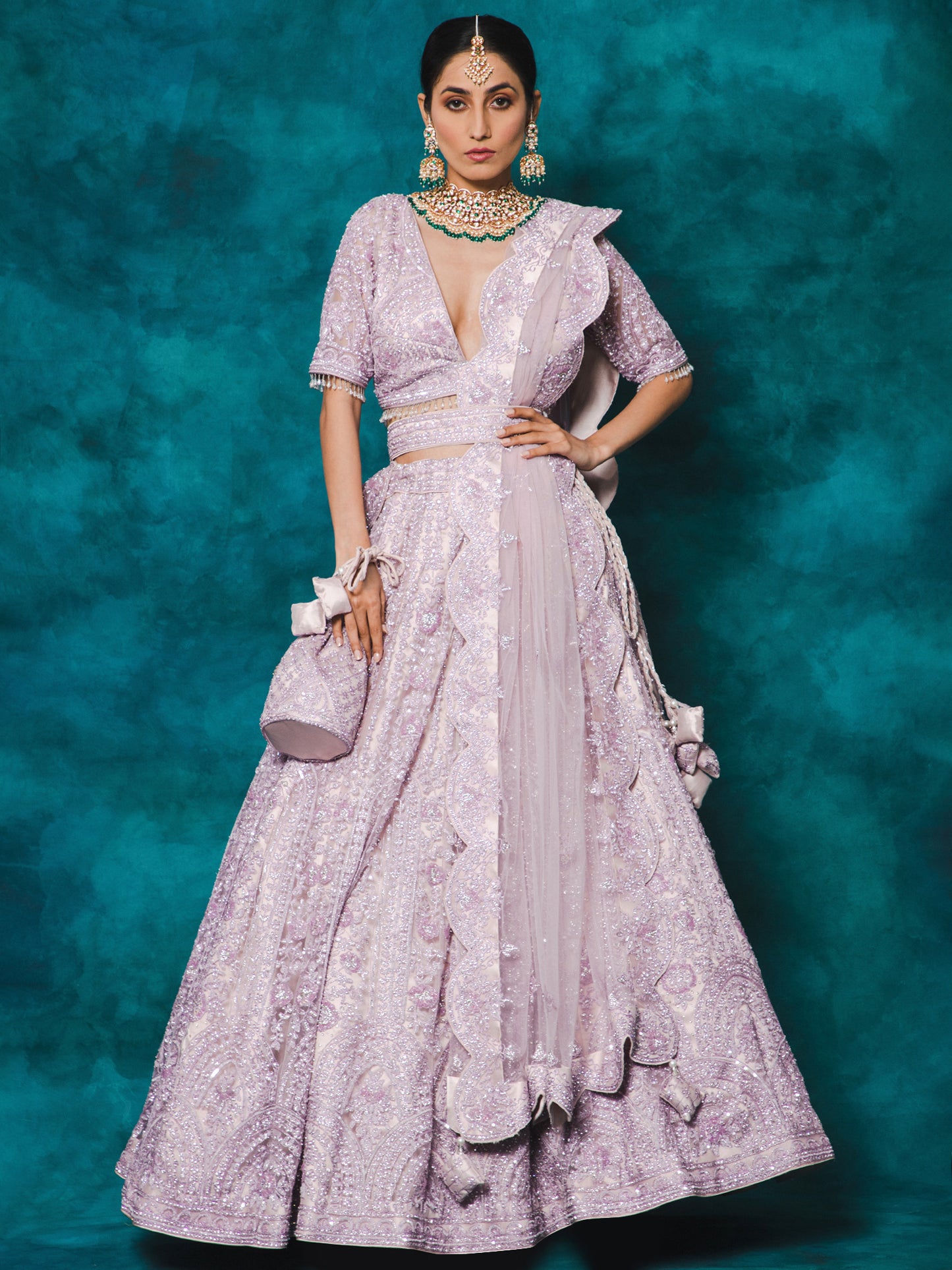 Lilac Color Stones & Pearls Embroidery Net Bridal Lehenga