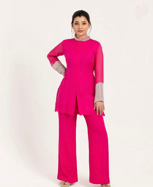 Hot pink Georgette Cutdana Embroidered Festive coord set