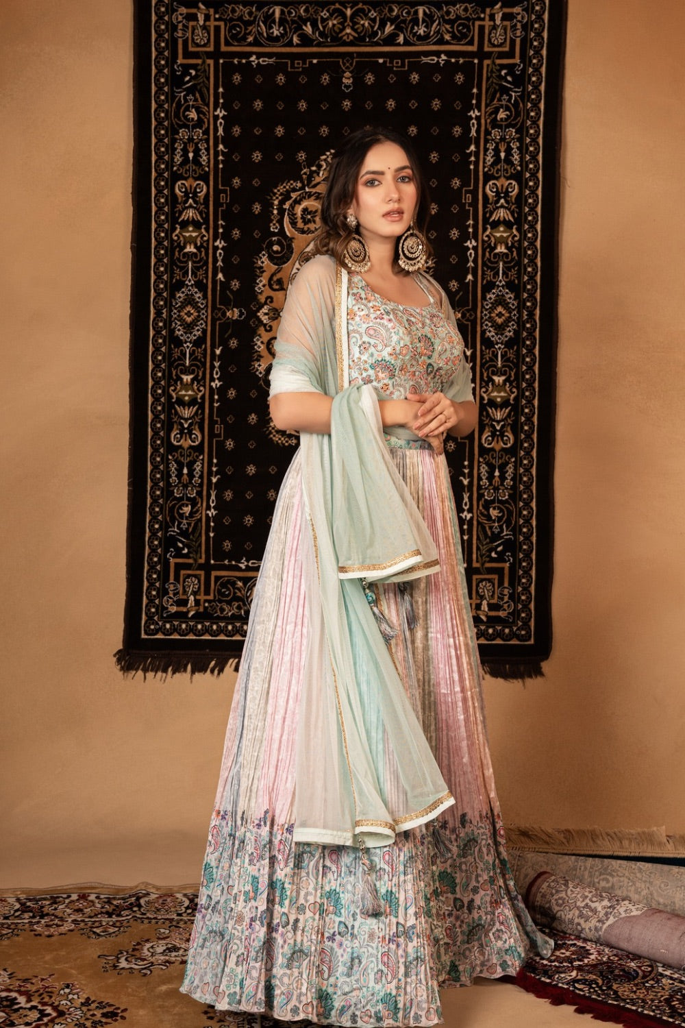 Multicolour pastel crepe silk lehenga choli with print and machine work