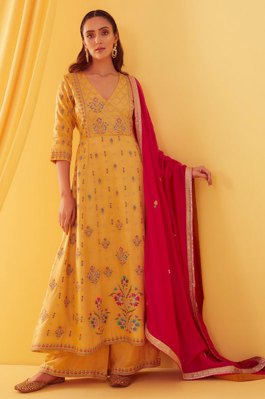 Canary Yellow Mughal Motifs Anarkali set - Aarambh