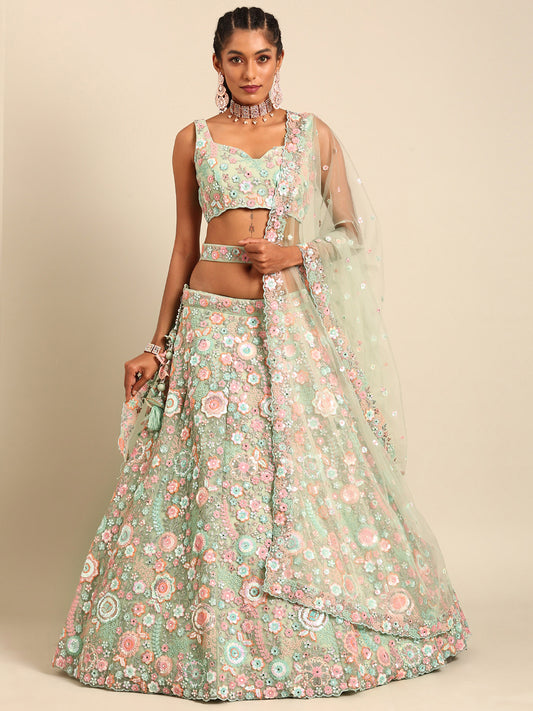 Lime Green Net Sequins, Mirror and thread embroidery Lehenga