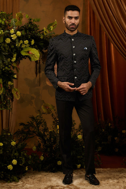 Black jaqcuard silk jodpuri suit