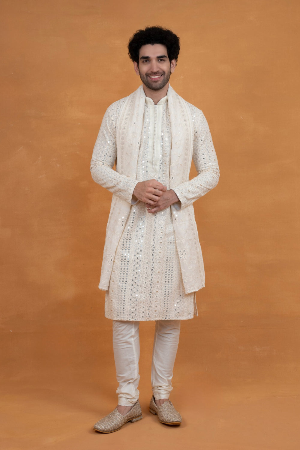 White silk lucknowi silk kurta set with mirror and sequins work