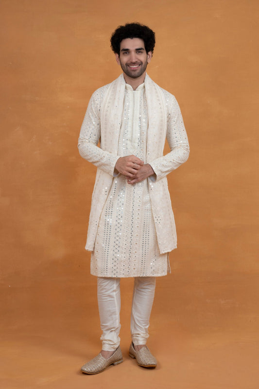 White silk lucknowi silk kurta set with mirror and sequins work
