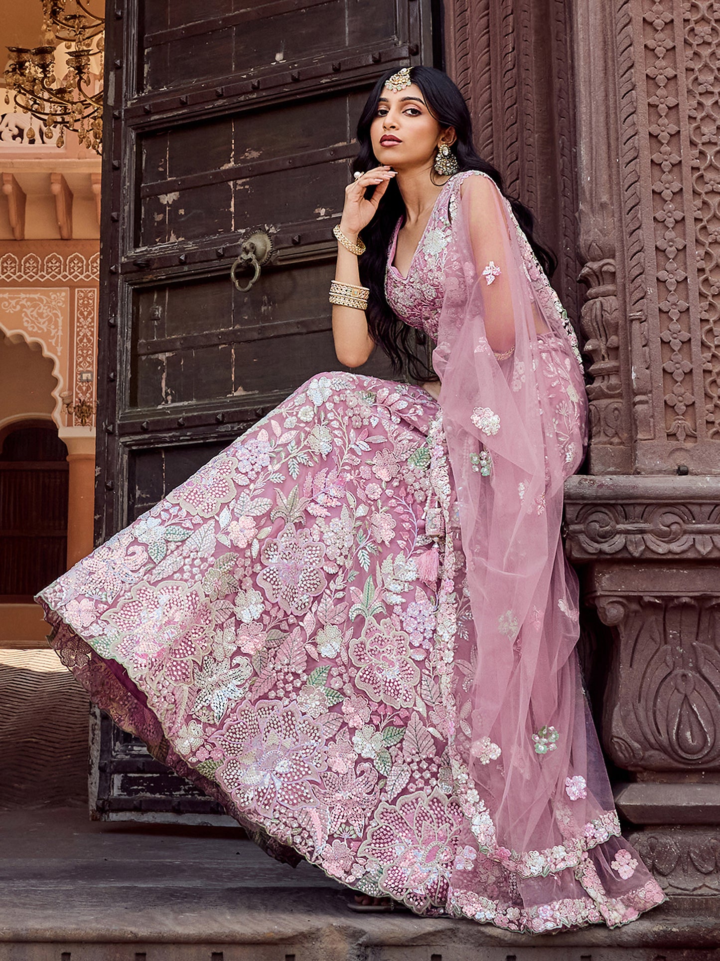Pink Net Sequins embroidery Lehenga Choli for Engagement