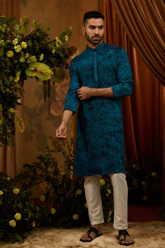Peacock blue silk kurta set with thread work