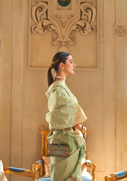 Pista Green Kyaari Silk Tissue Zari Khicha Zari Handloom Saree