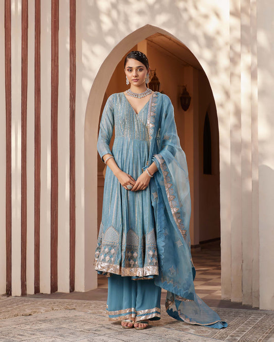 Mughal Grey Georgette Embroidered Engagement Anarkali set