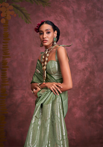 Sage Green Kanthkala Satin  Silk Handloom Banarasi Zari Weaving Saree