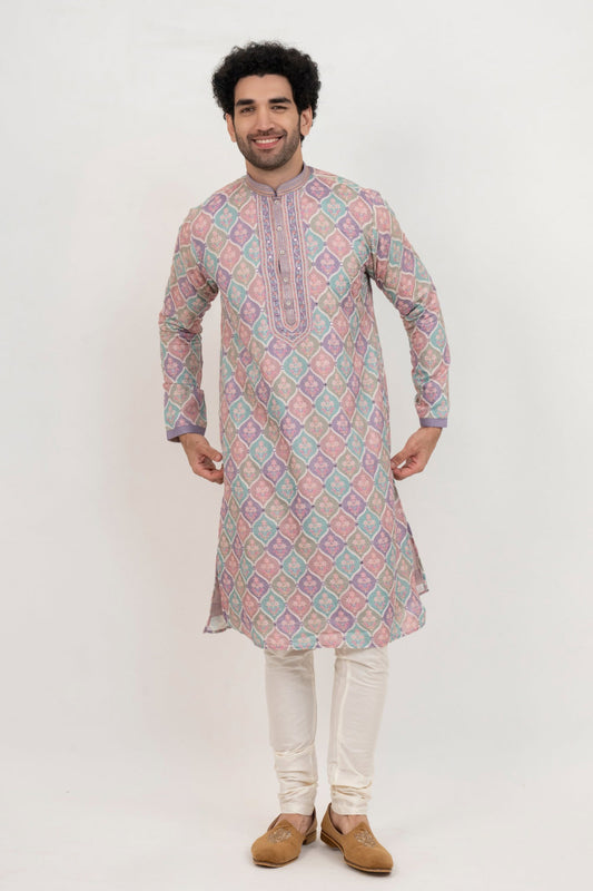 Multicolour lucknowi position print kurta set with mirror and thread work on yoke