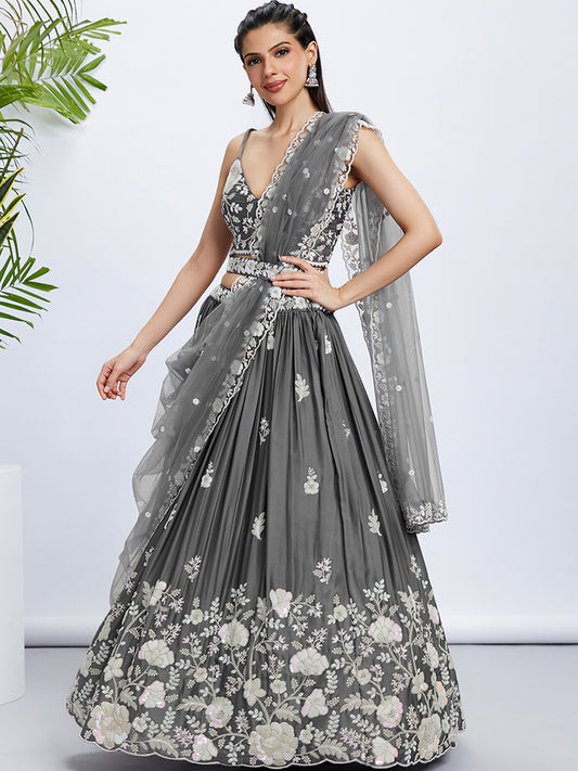 Grey Pure Georgette Sequins and thread embroidery Lehenga