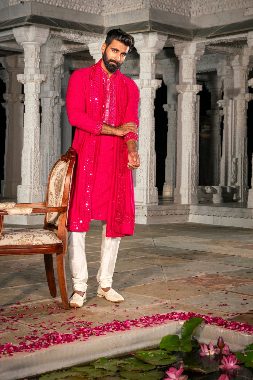 Magenta pink silk kurta set with thread and mirror work