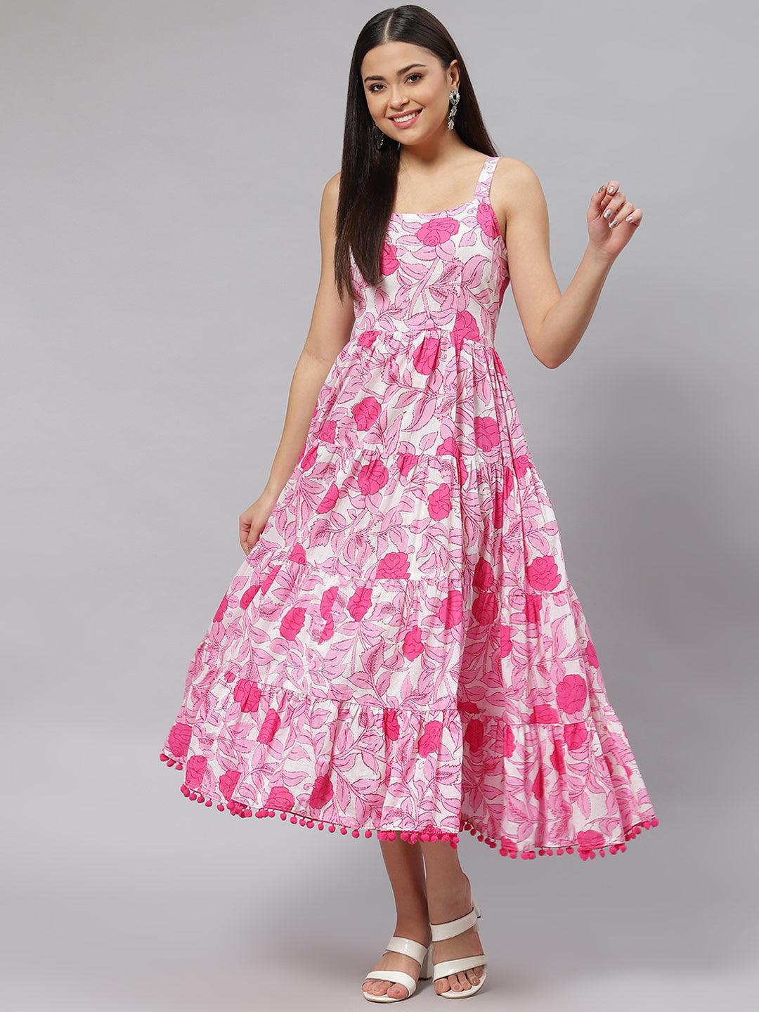  white & Pink Floral Shoulder Strip Long Dress  