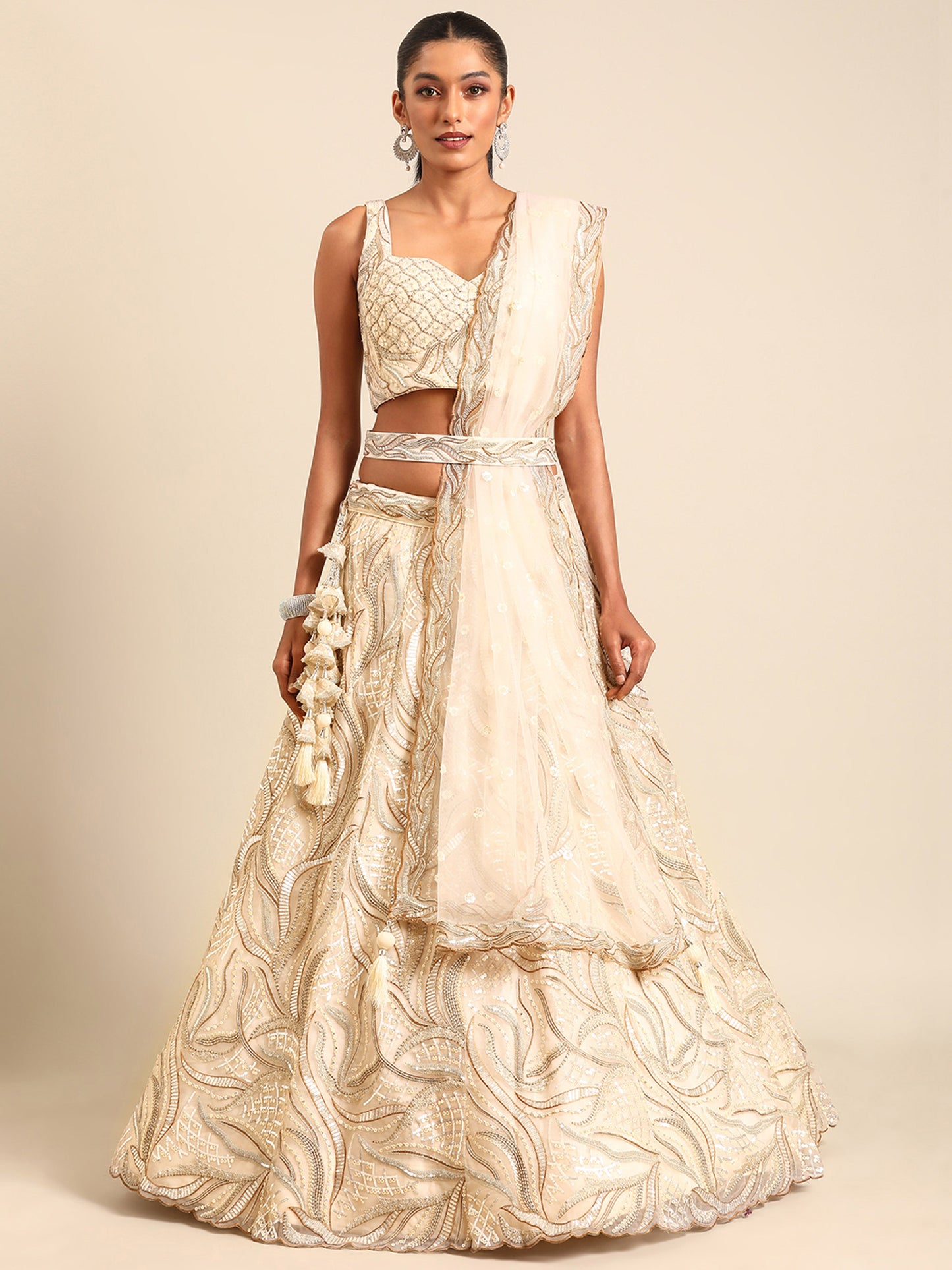 Cream Net Sequins and Zarkan embroidery Lehenga