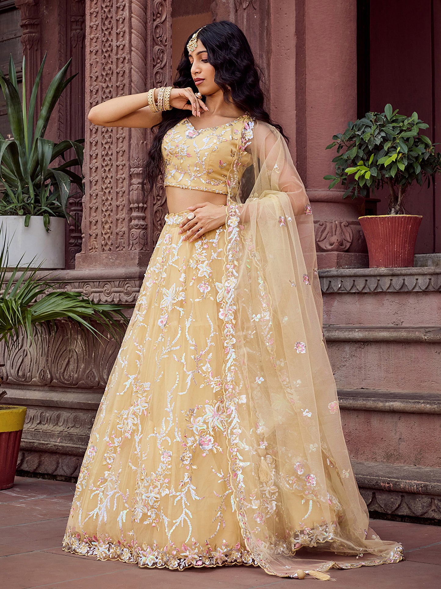 Yellow Net Sequins Embroidery Lehenga Choli for Haldi
