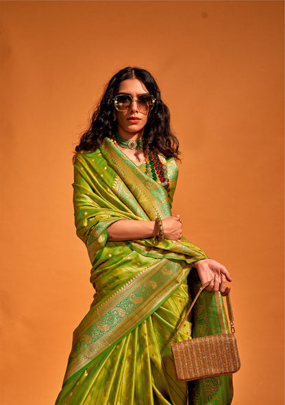 Emerald Green Karnaal Pure Satin Handloom Silk Saree