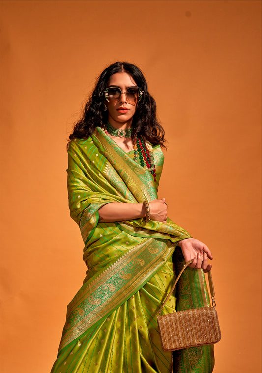 Emerald Green Karnaal Pure Satin Handloom Silk Saree