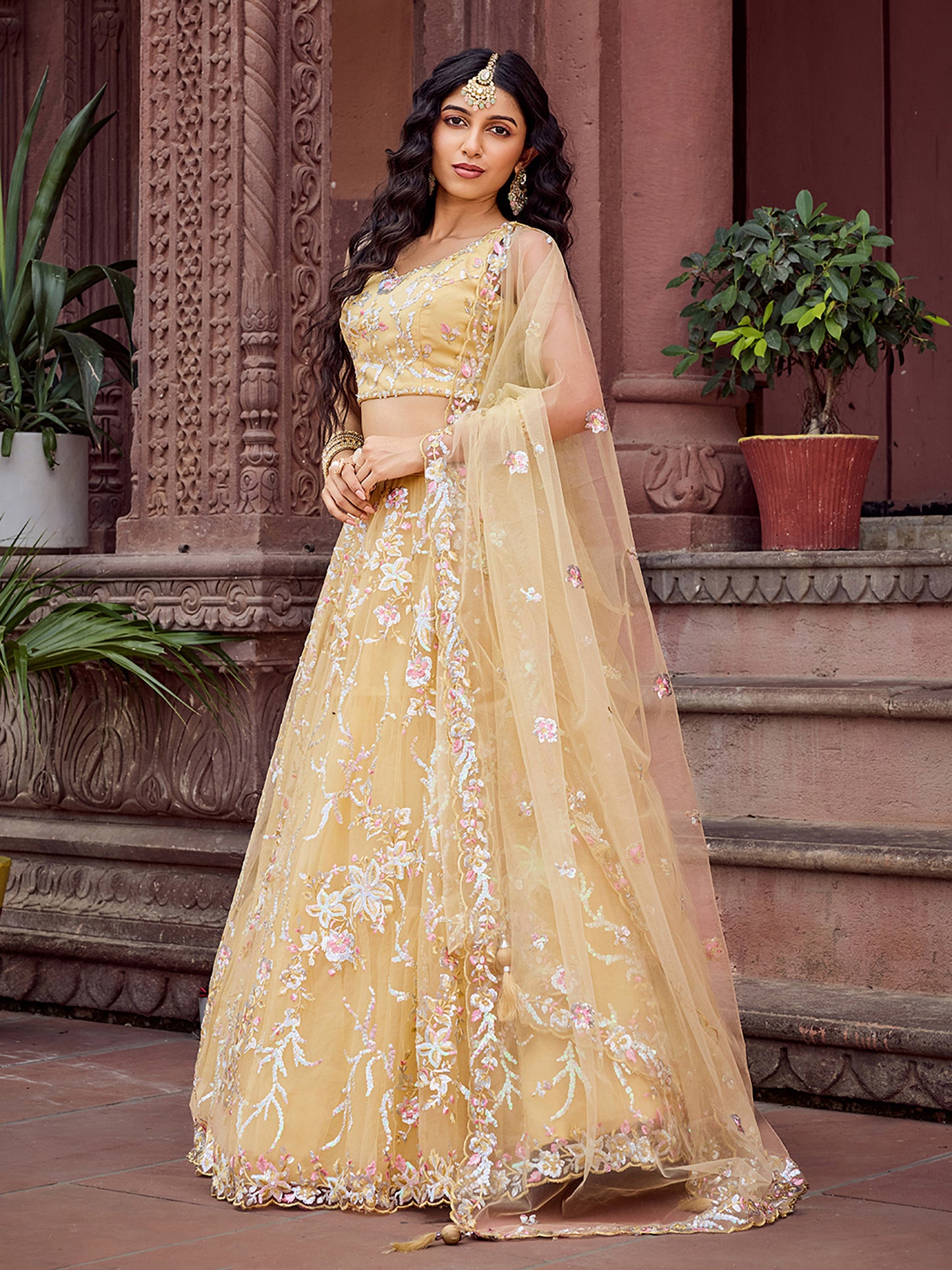 Yellow Net Sequins Embroidery Lehenga Choli for Haldi