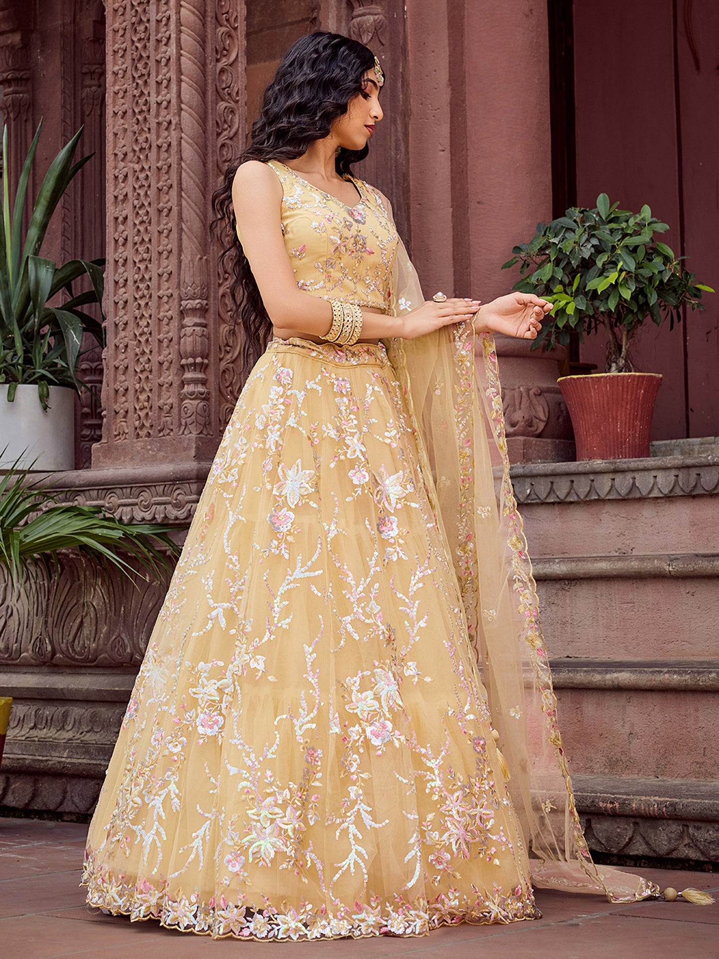 Yellow Net Sequins Embroidery Lehenga Choli for Haldi
