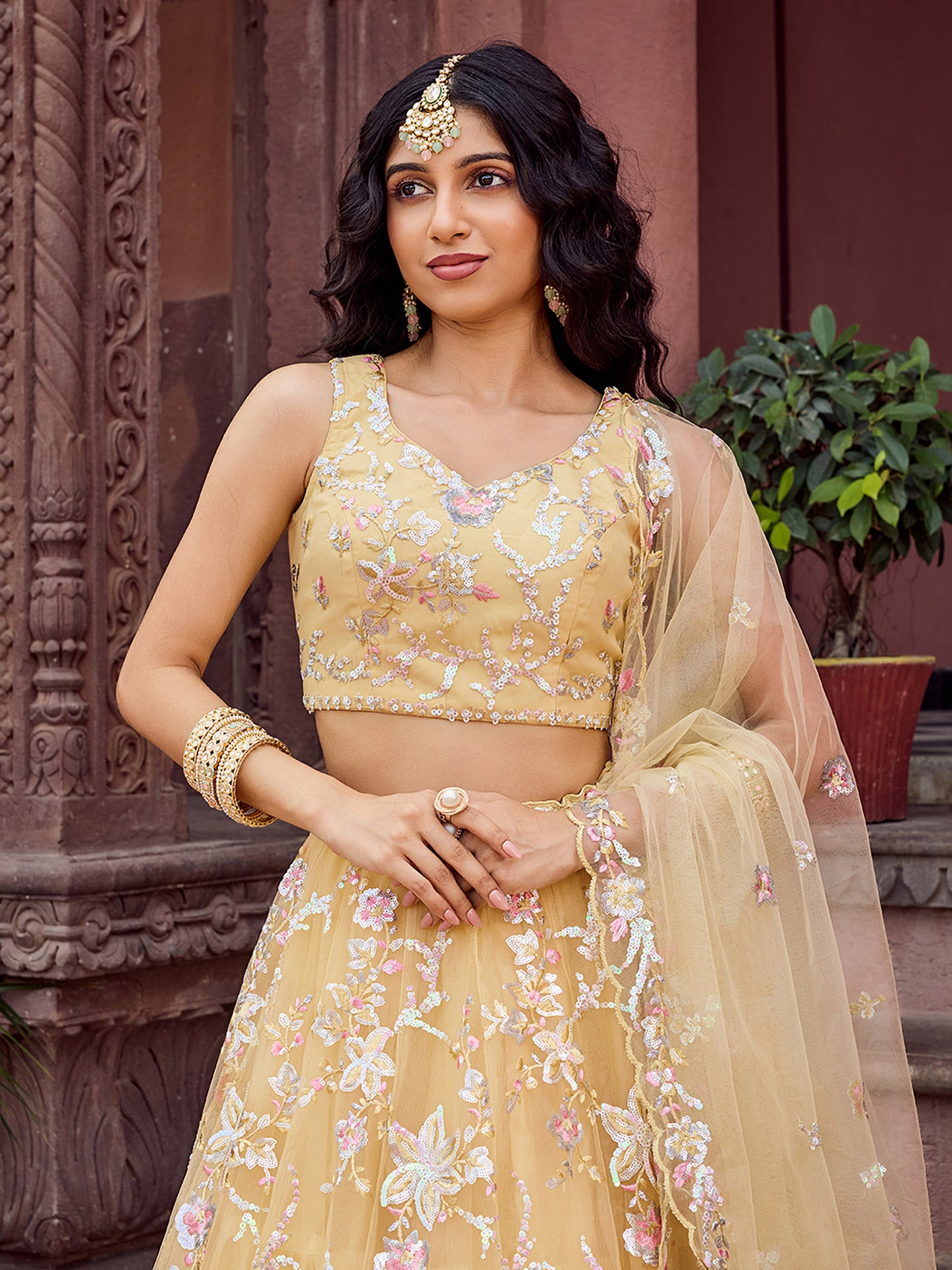 Yellow Net Sequins Embroidery Lehenga Choli for Haldi