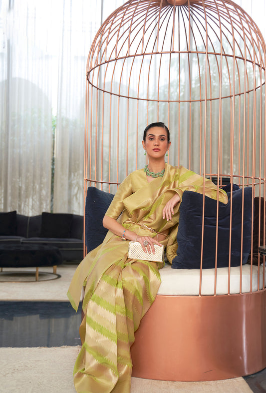 Olive Green Kelena Organza Lehriya Handloom Saree