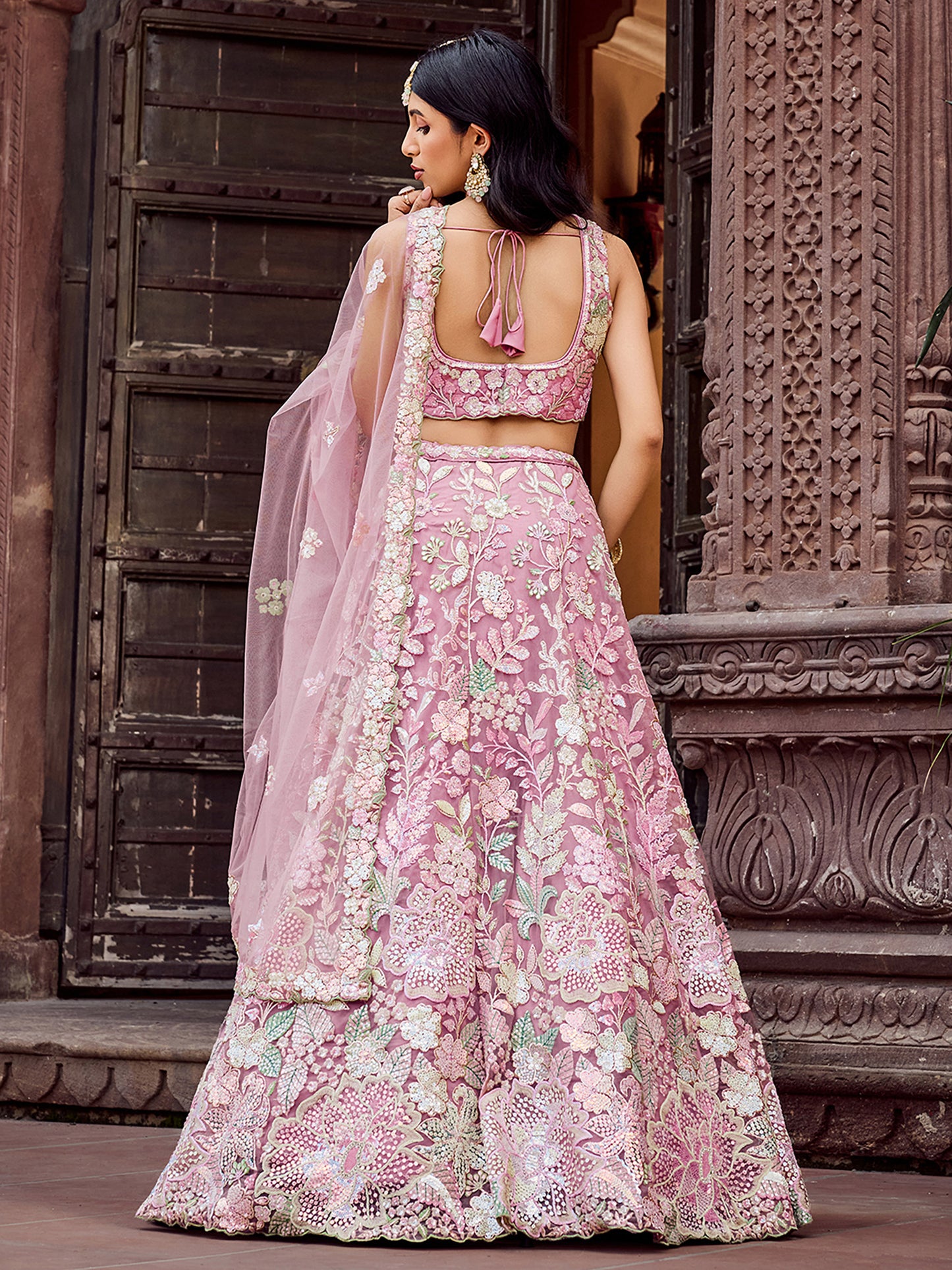 Pink Net Sequins embroidery Lehenga Choli for Engagement