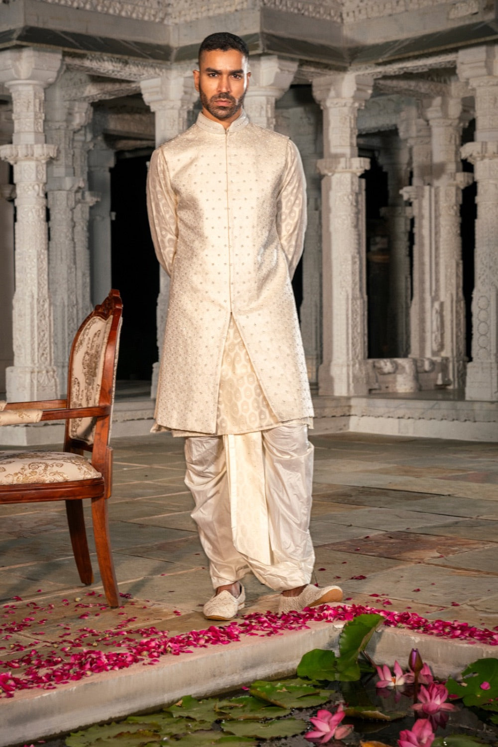 Cream silk Indo-Western Set with Machine & Sequence Work