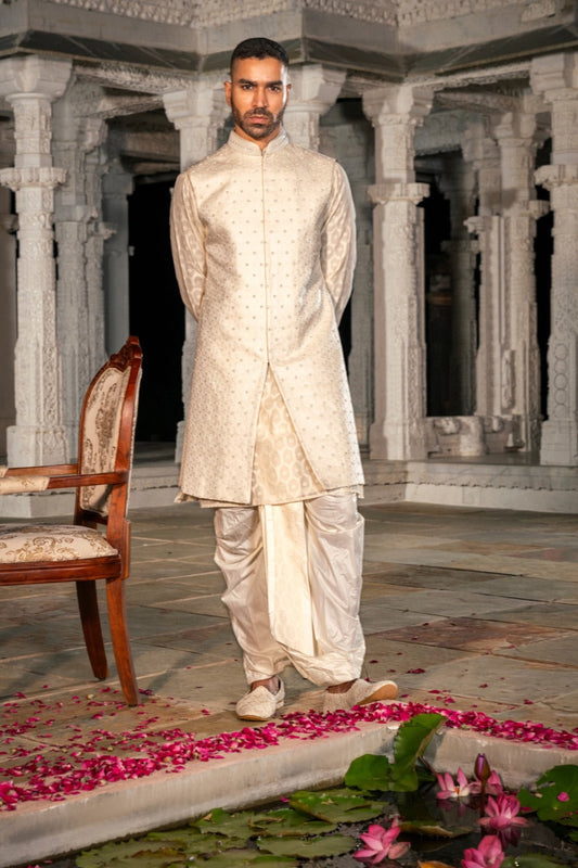 Cream silk Indo-Western Set with Machine & Sequence Work