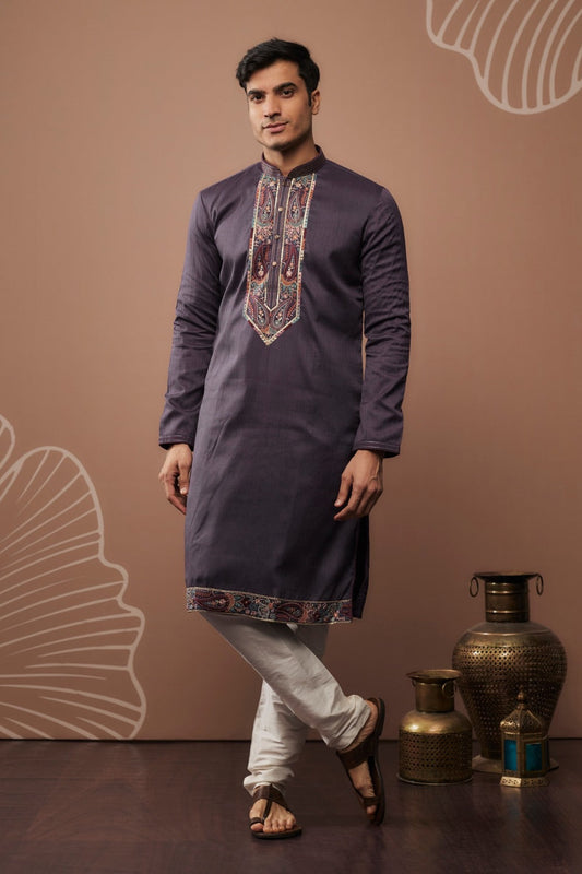 Purple silk kurta set with hand and machine work