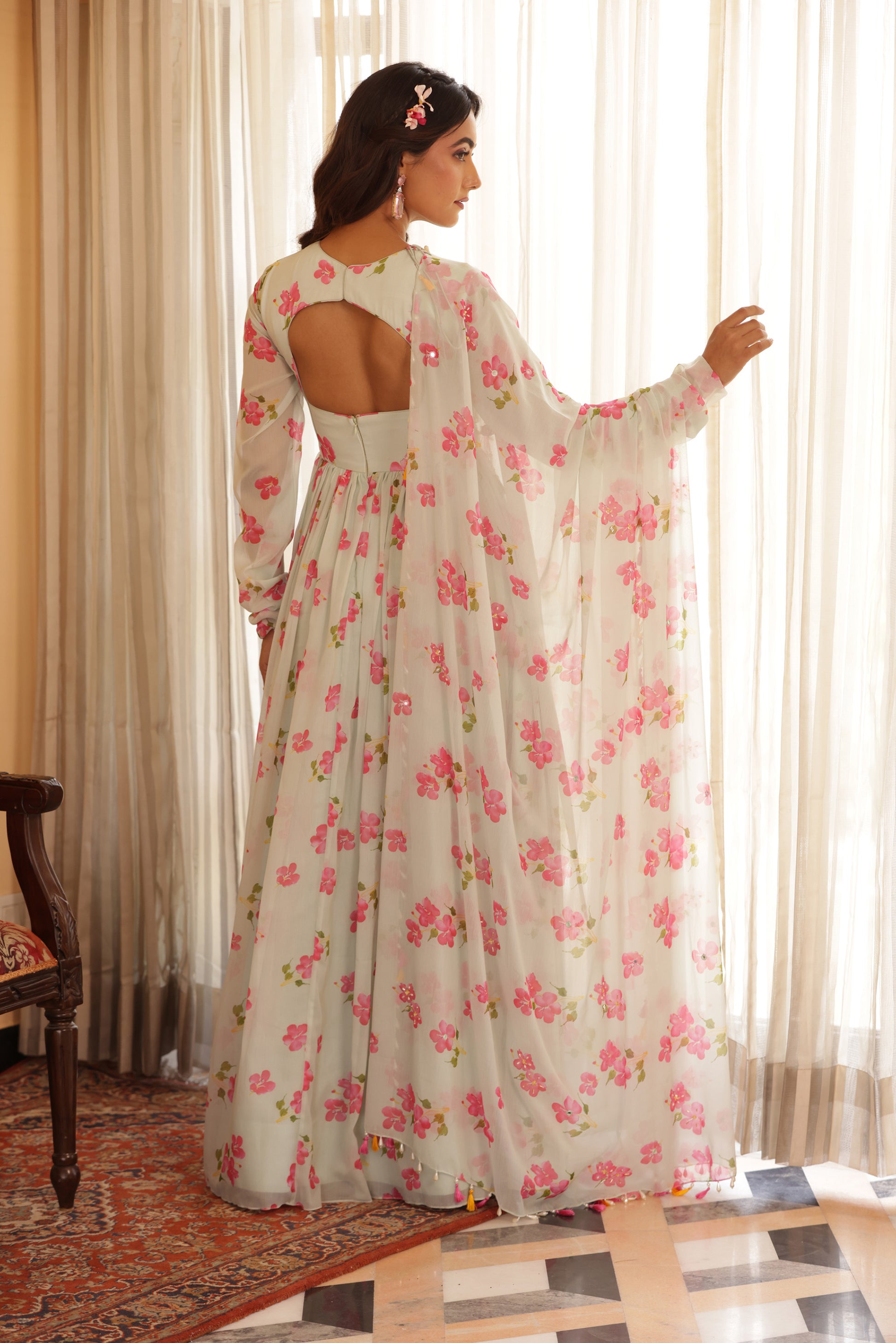 engagement anarkali dress Coffee Brown Floral Printed Wedding Festive Anarkali Gown