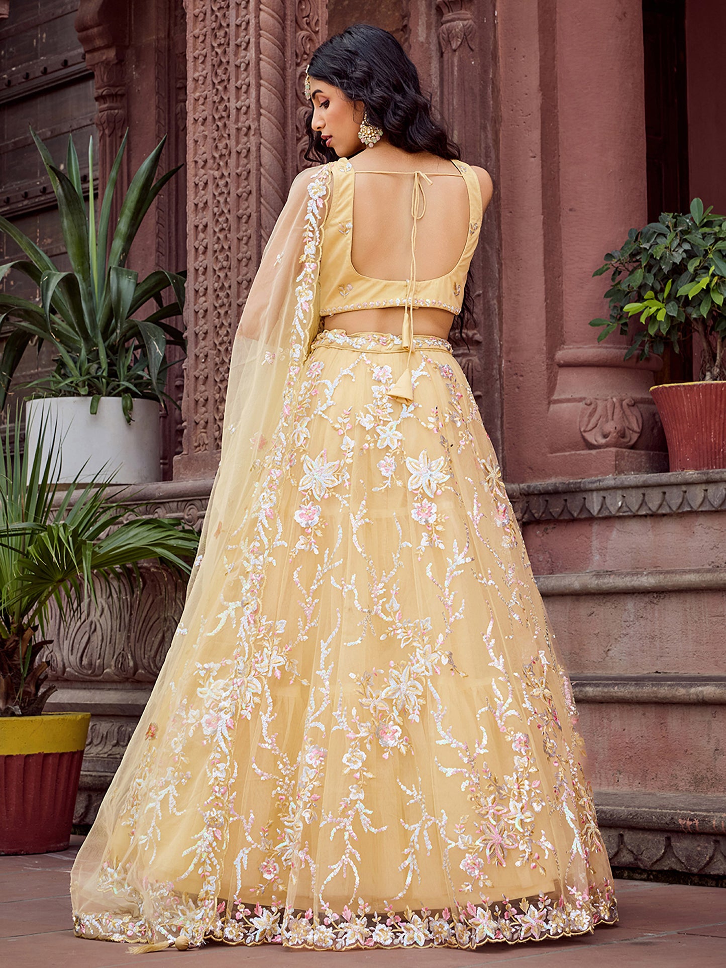 Yellow Net Sequins Embroidery Lehenga Choli for Haldi