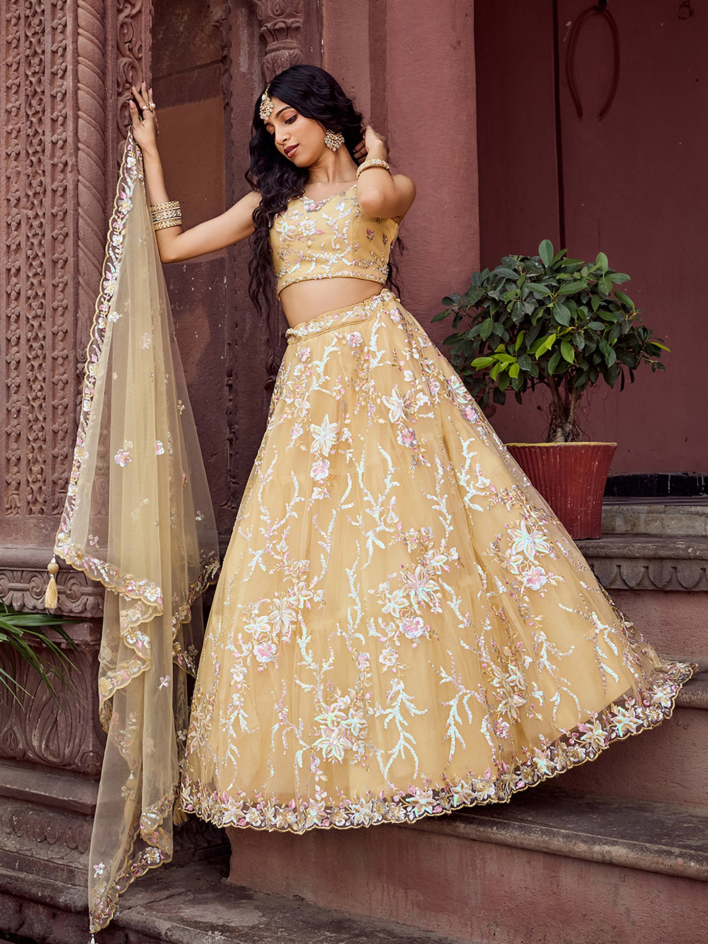 Yellow Net Sequins Embroidery Lehenga Choli for Haldi