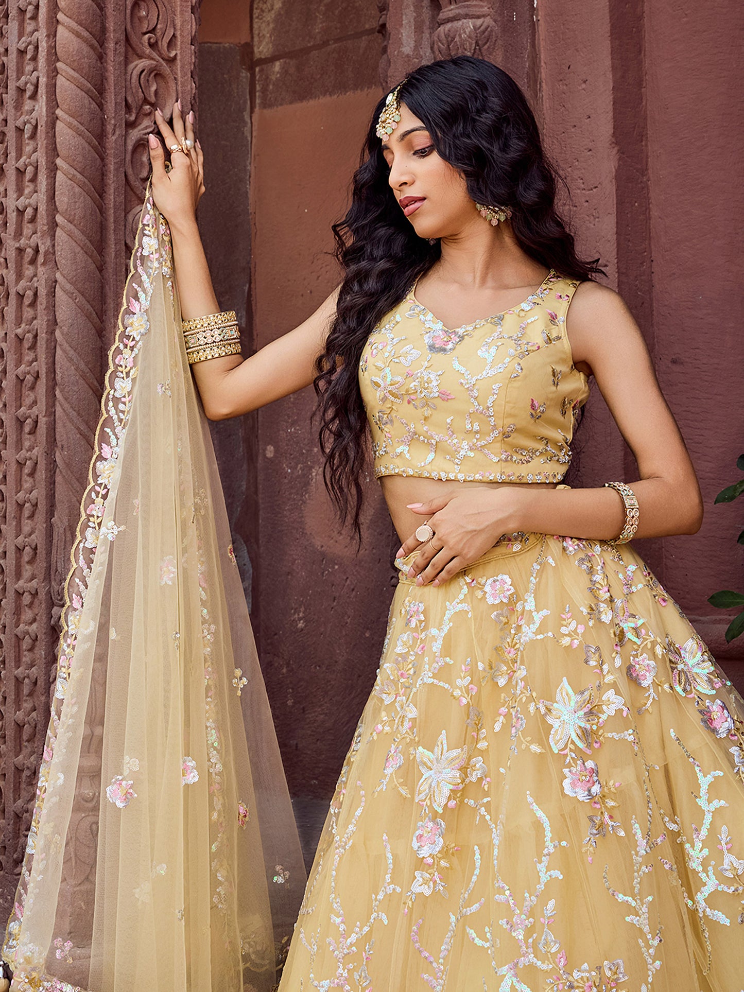 Yellow Net Sequins Embroidery Lehenga Choli for Haldi