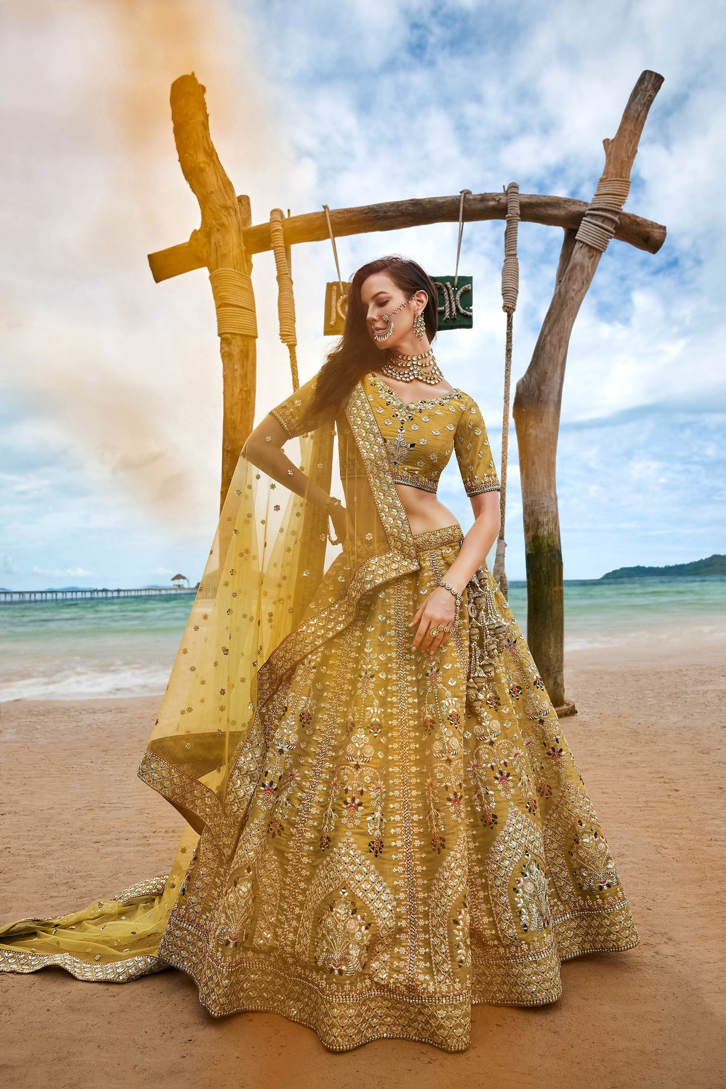 Mustard Bridal Net Sequins, Moti, Mirror and thread embroidery Lehenga